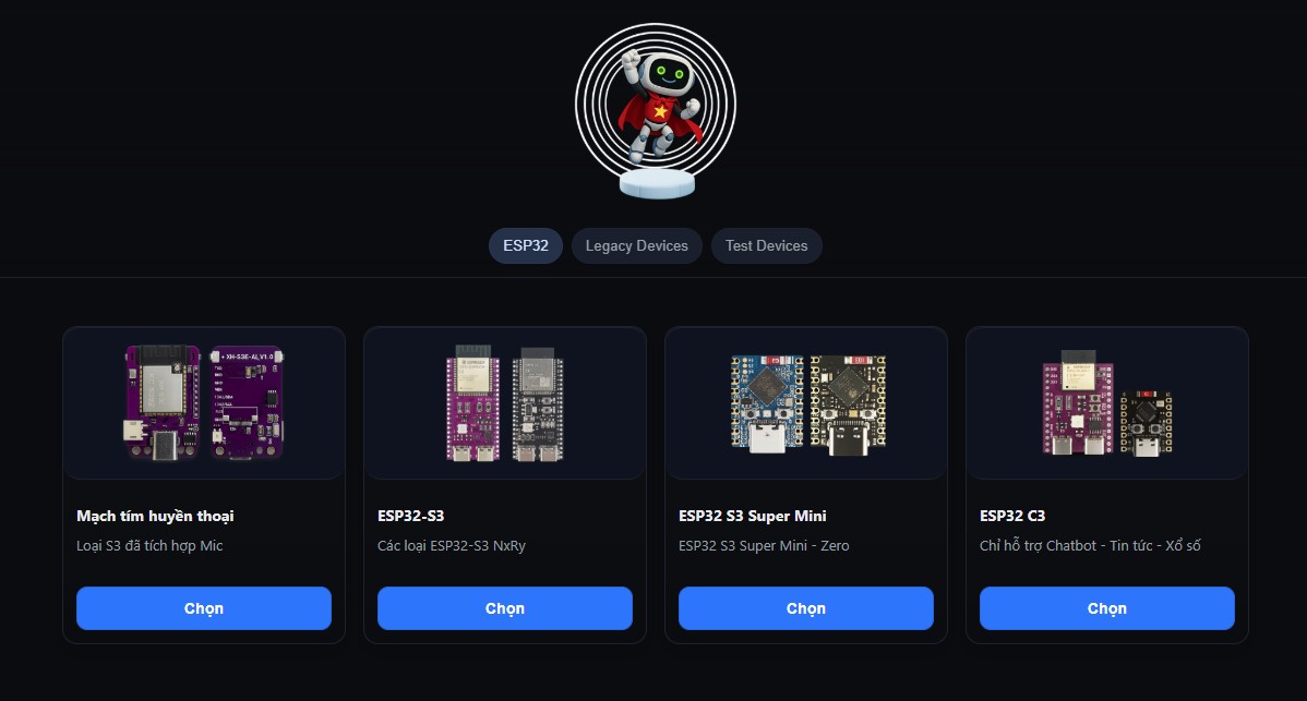 Giao diện trang nạp firmware XIAOZHI.VN với danh sách mạch ESP32