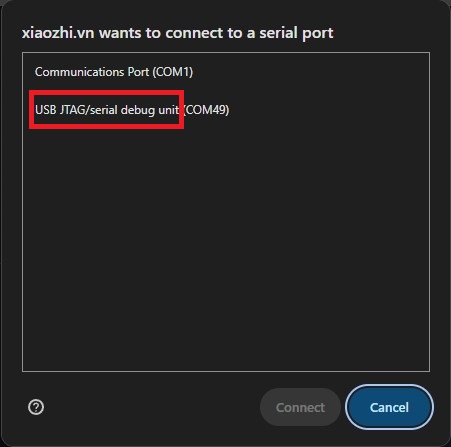 Cửa sổ WebUSB chọn cổng ESP32 trong Chrome/Edge