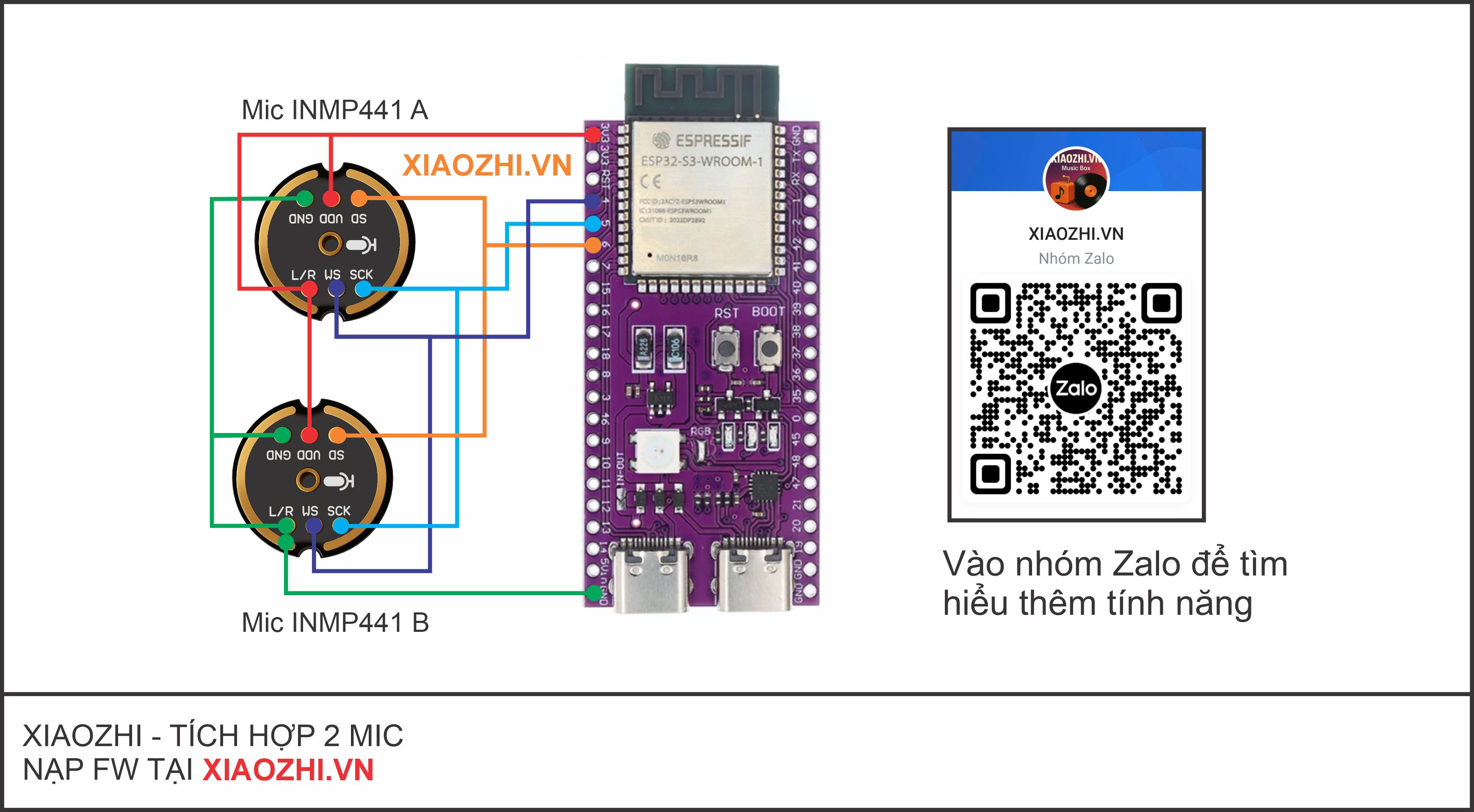 Sơ đồ đấu nối 2 micro INMP441 với Xiaozhi ESP32